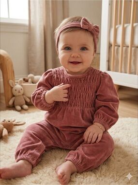 Jessica Simpson Dusty Rose Velour Smocked Baby Girl Jumpsuit Coquette Cozy 12mo